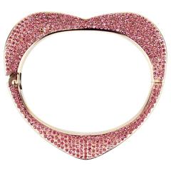 Chanel Bracelet - Pink Crystal Heart Rhinestone Gold Cuff Coco Logo CC Bangle 08