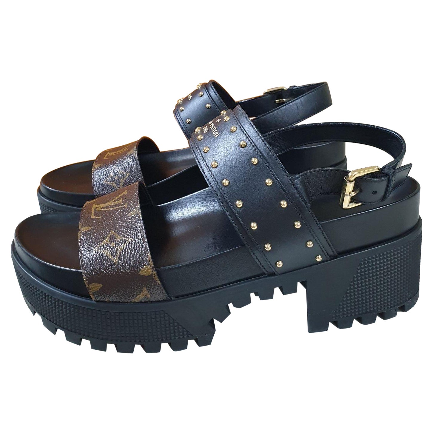 Louis Vuitton Monogram Leather Low Wedge Sandals at 1stDibs