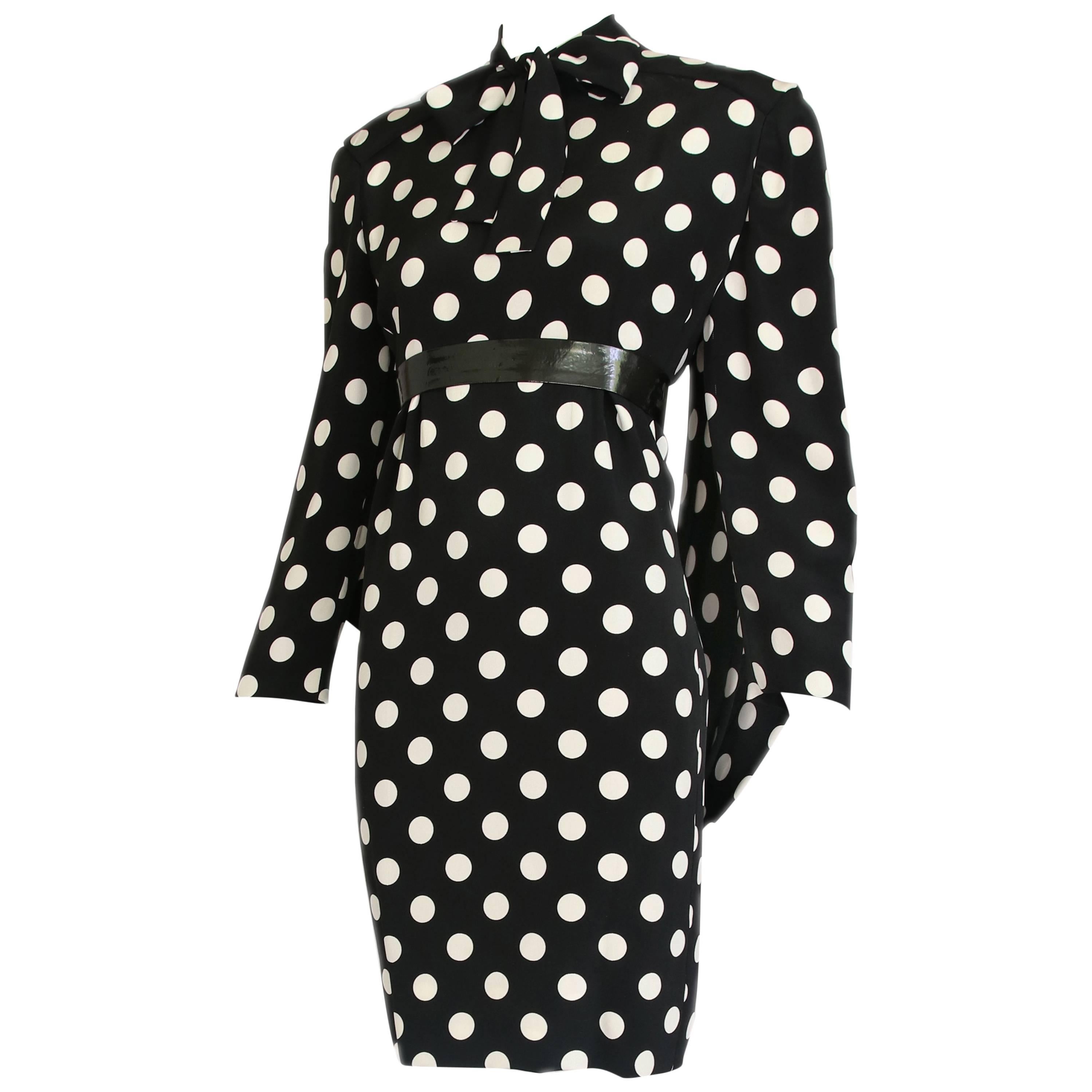 1987 Pierre Balmain Haute Couture Silk Polka Dot Dress w/Back Drape No. 170469
