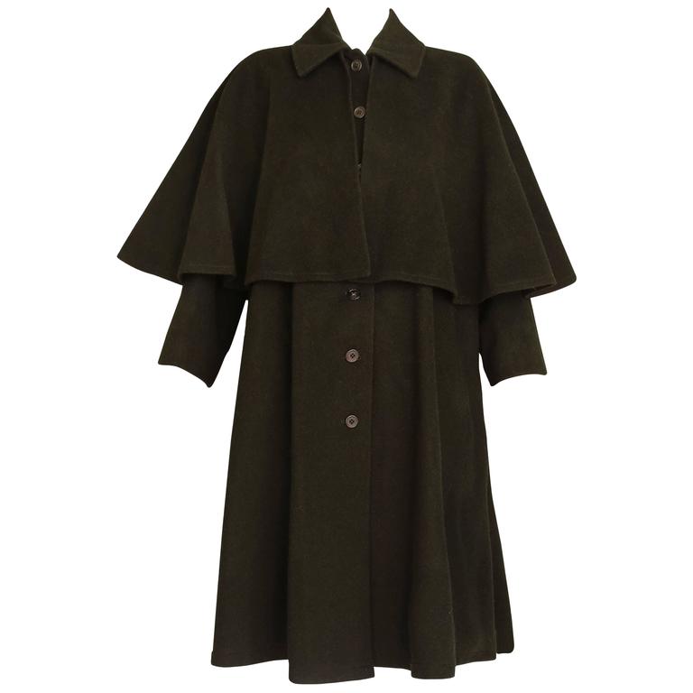 1970's Yves Saint Laurent YSL Dark Green Wool Coat w/Attached Cape For