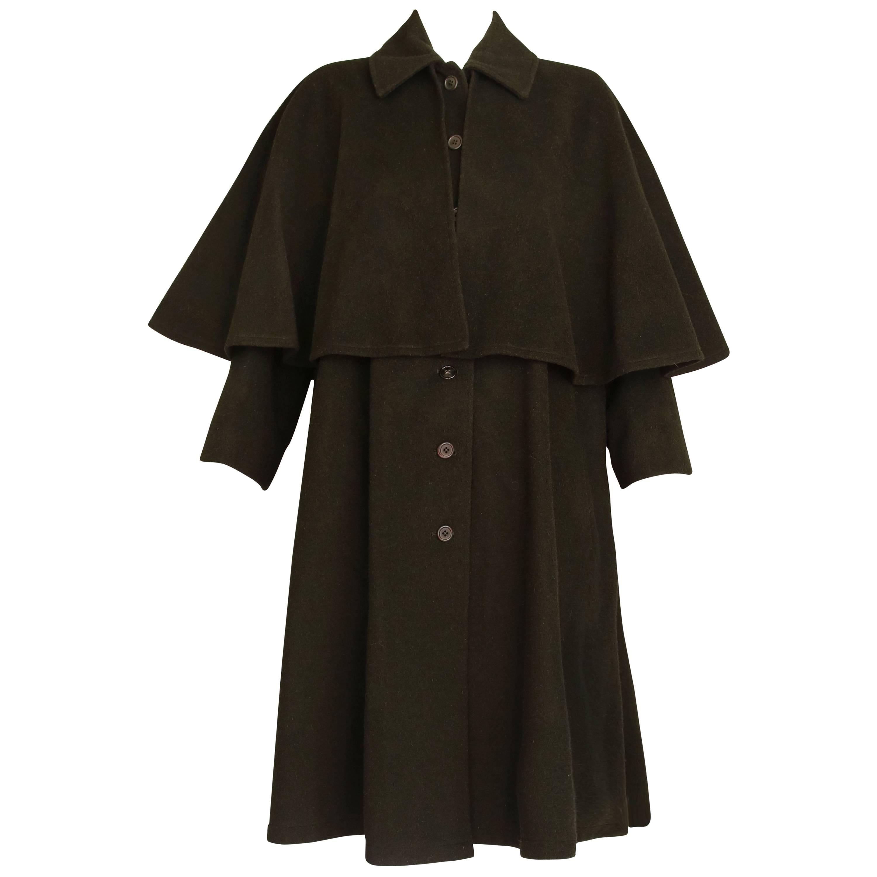 1970's Yves Saint Laurent YSL Dark Green Wool Coat w/Attached Cape For Sale