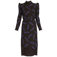 Vintage Carolina Herrera Black Day Dress w/Blue Abstract Print 7