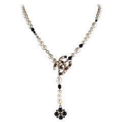 Chanel Necklace - Belt - Pearl CC Logo Gripoix Clover Black White Gold Charm 08P