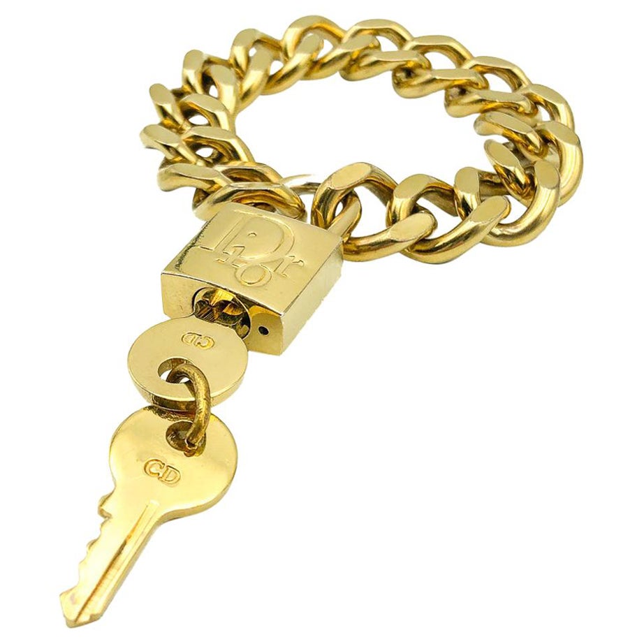 Iconic Vintage Galliano for Christian Dior Gold Padlock & Key Bracelet 2000s For Sale