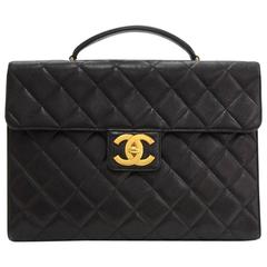 Retro Chanel Rare Black Caviar Quilted Gold CC Turnlock Unisex Document Briefcase Bag