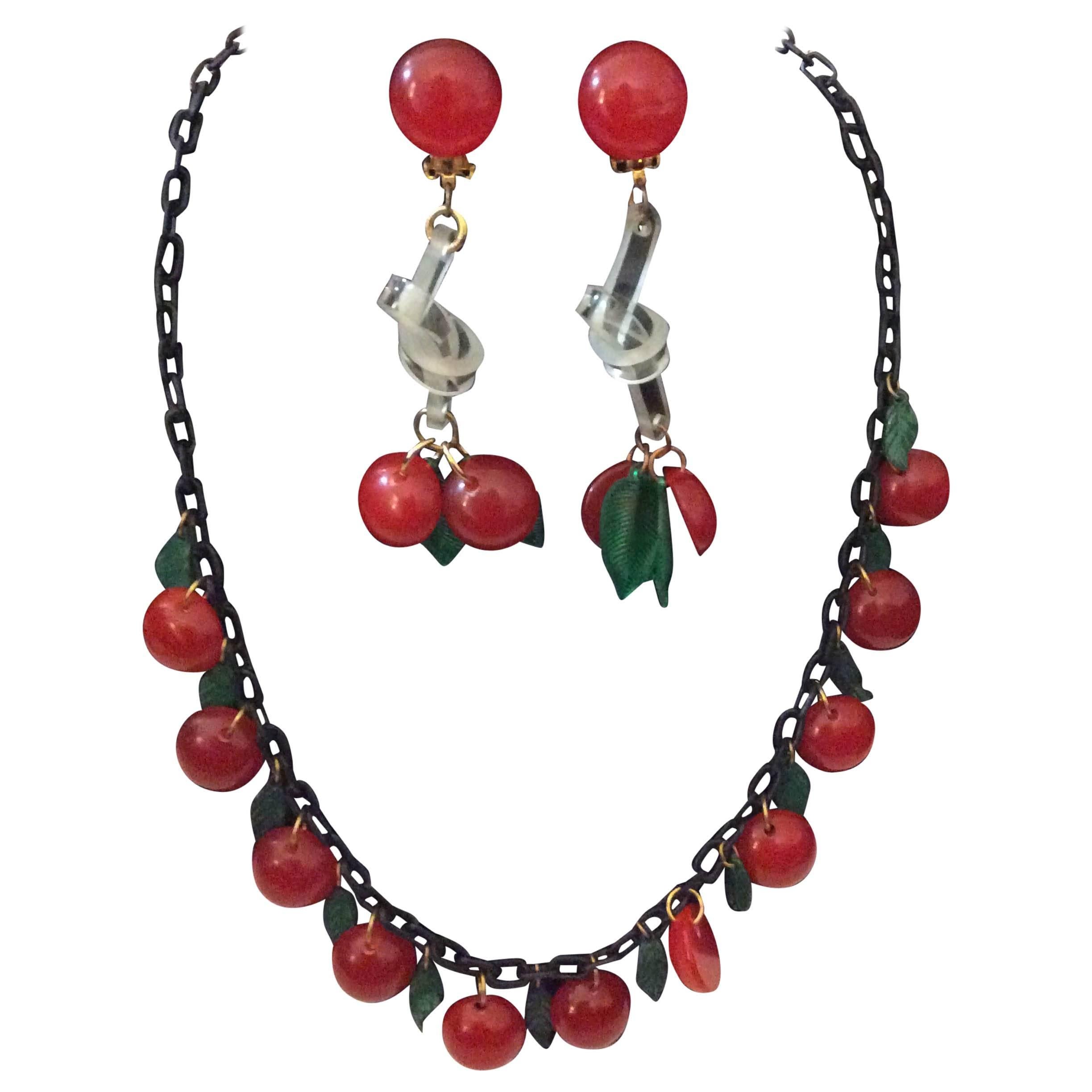  Bakelite Cherry Necklace with Matching Earrings For Sale
