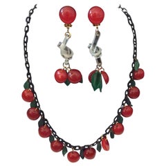 Vintage  Bakelite Cherry Necklace with Matching Earrings