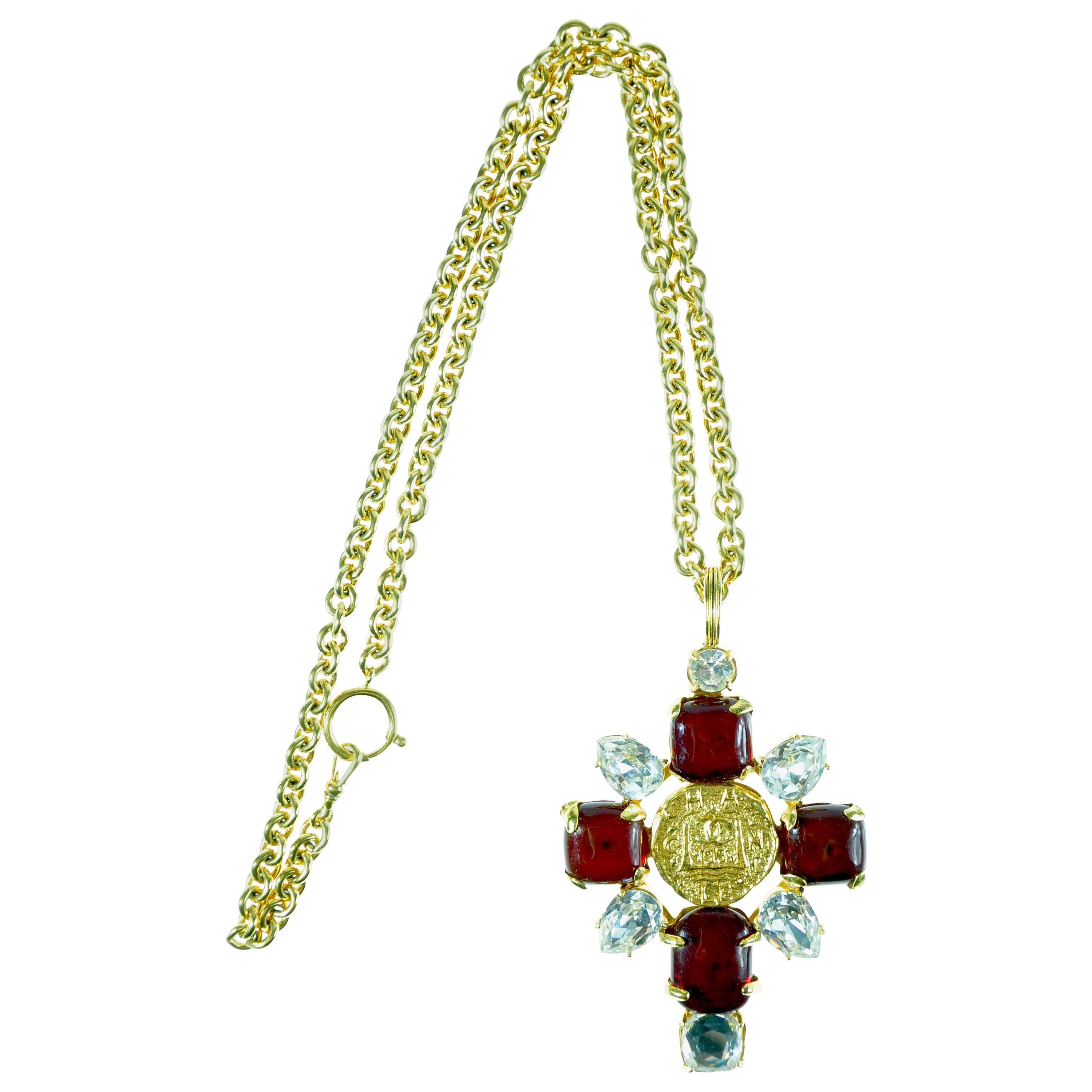 Chanel 1993 Gold Chain With A Large Red Gripoix & Crystal Pendant For Sale
