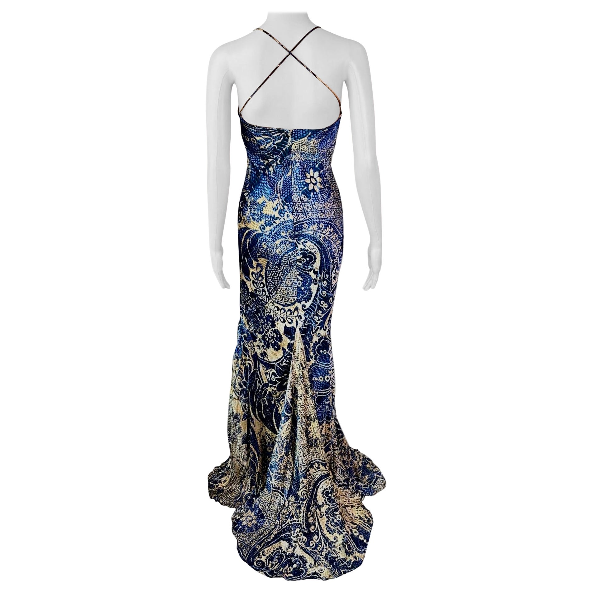 Roberto Cavalli c.2005 Bustier Abstract Print Train Maxi Evening Dress Gown For Sale