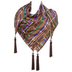 1980's Brown & Purple Silk Jacquard Shawl Style Scarf With Tassels 4