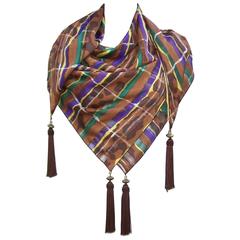 1980's Brown & Purple Silk Jacquard Shawl Style Scarf With Tassels