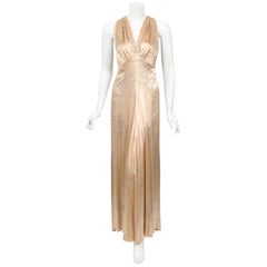 Vintage 1930's Rhinestone Studded Blush Silk Satin Old Hollywood Bias-Cut Gown