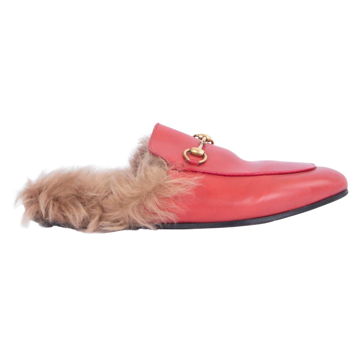 GUCCI red leather FUR TRIM PRINCETOWN Slippers Flats Shoes 38