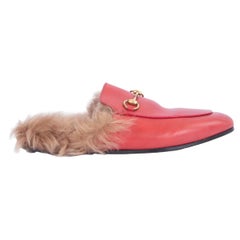 Used GUCCI red leather FUR TRIM PRINCETOWN Slippers Flats Shoes 38