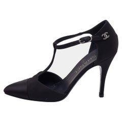 Chanel Black Satin Cap Toe T Strap Pumps Size 37.5