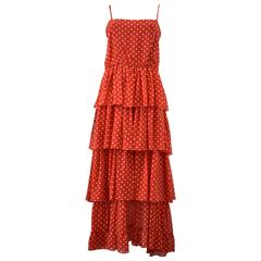 1970s Guy Laroche Red and white polka dot tiered ruffle dress