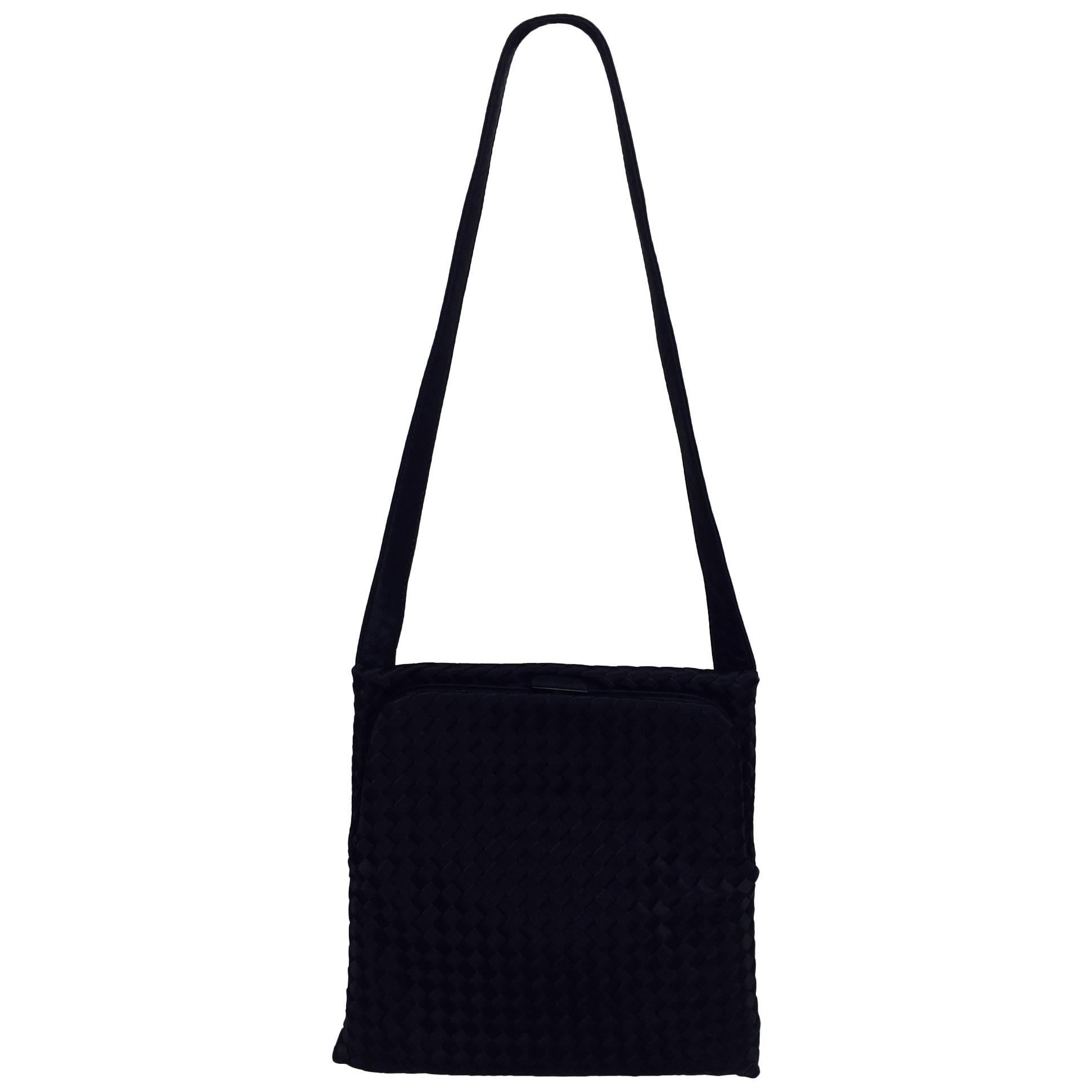 Bottega Veneta black silk satin Intrecciato shoulder bag handbag 