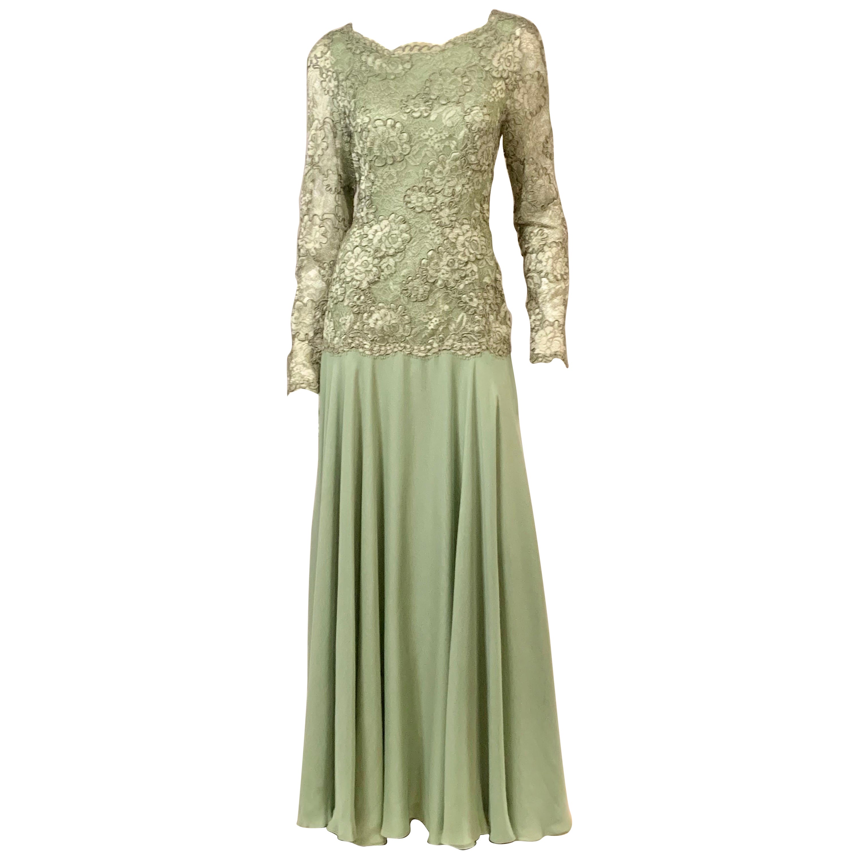 John Anthony Couture Level Green Lace and Silk Chiffon Evening Dress For Sale