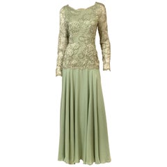 John Anthony Couture Level Green Lace and Silk Chiffon Evening Dress