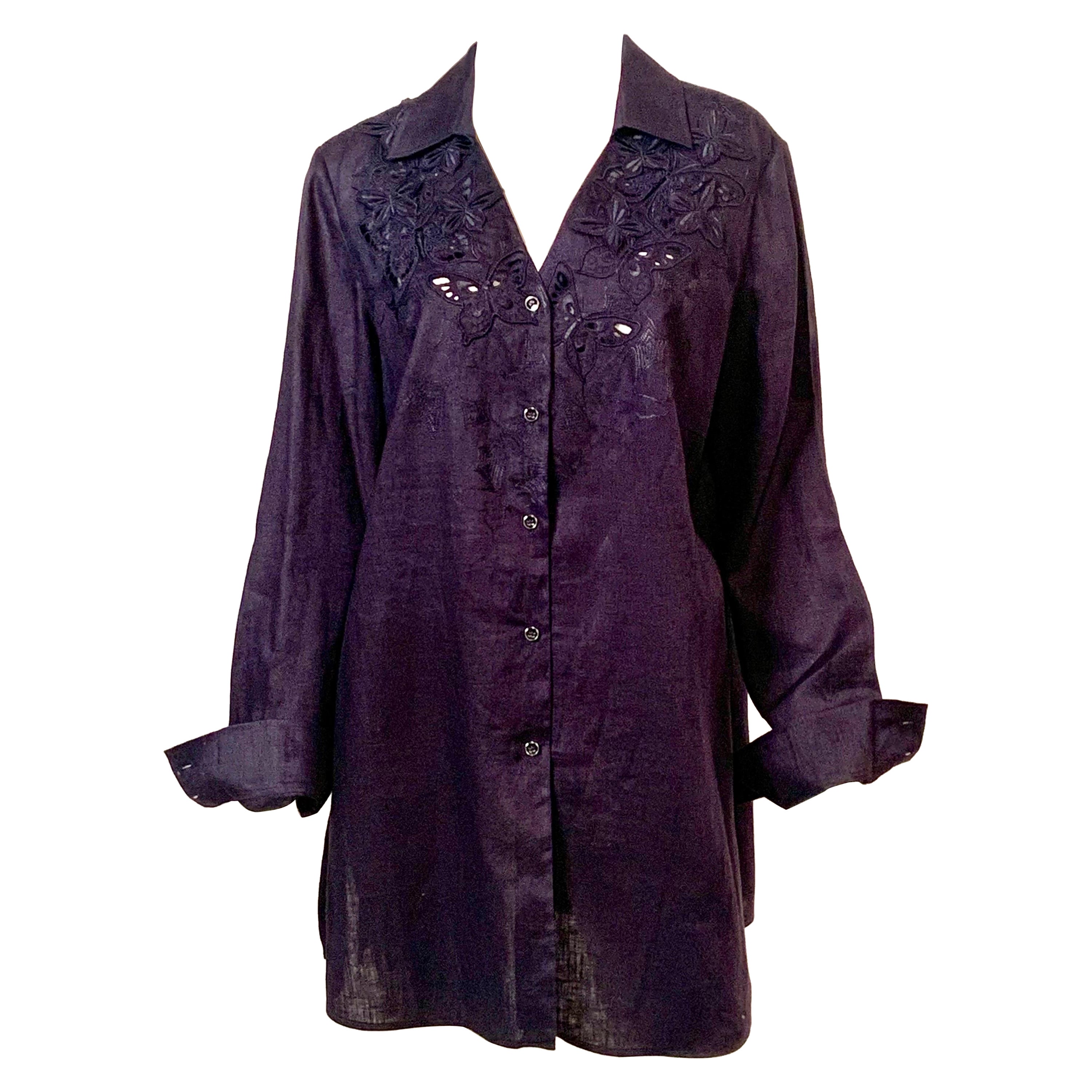 Rena Lange Navy Blue Linen Blouse with Cut Work, Embroidery, Butterfly Appliques For Sale