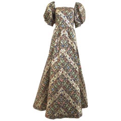 1980s LEONARD Paris Metallic Floral Broacade Gown with Puff Sleeve