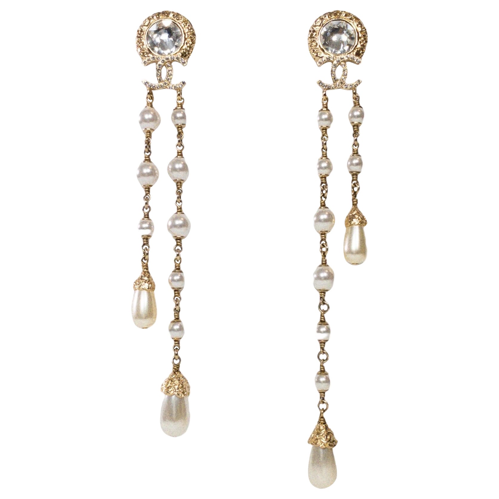 Chanel Pearl Drop Asymetrical Chandelier Earrings For Sale