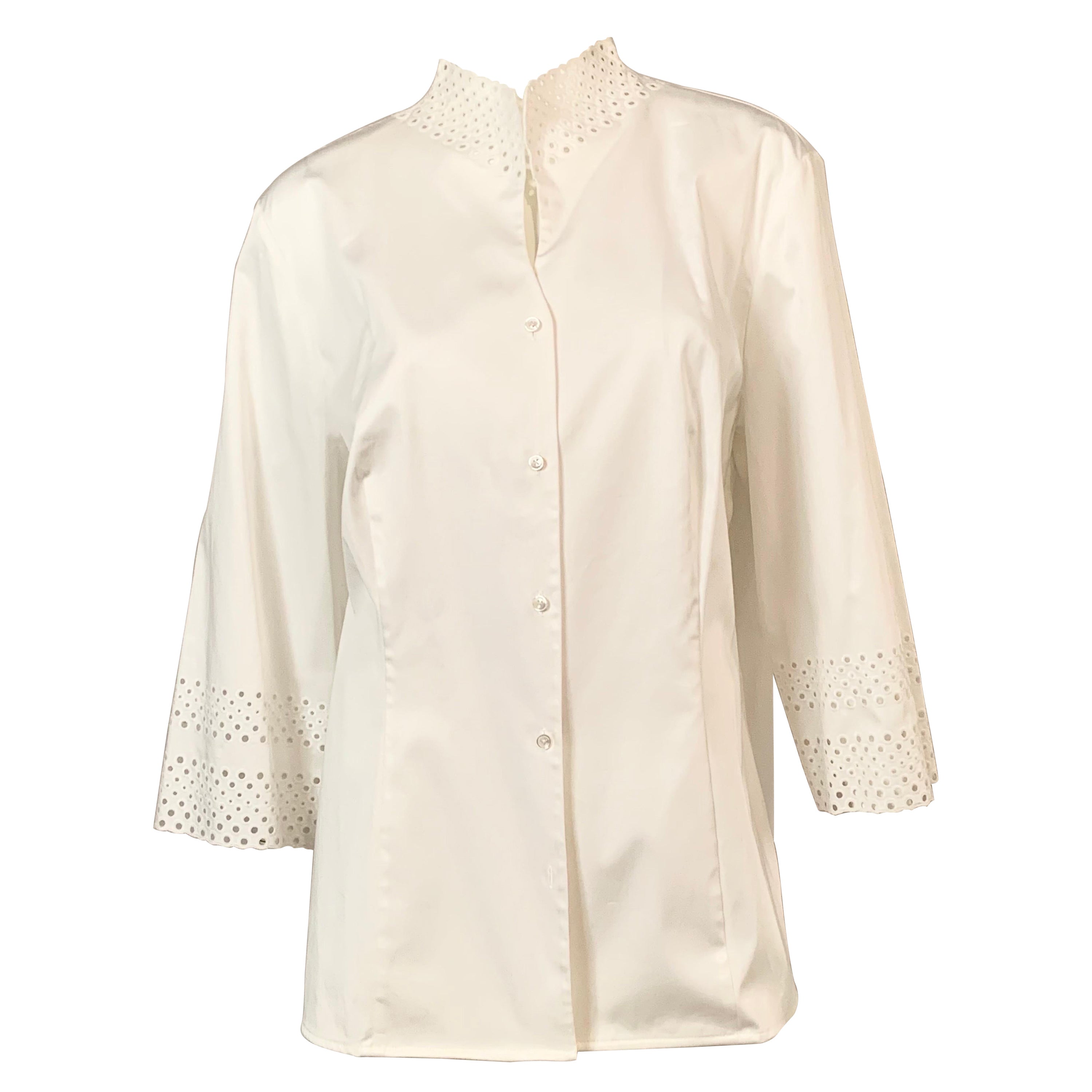 Rena Lange White Cotton Blouse with Cut Work and Embroidery  Never Worn For Sale