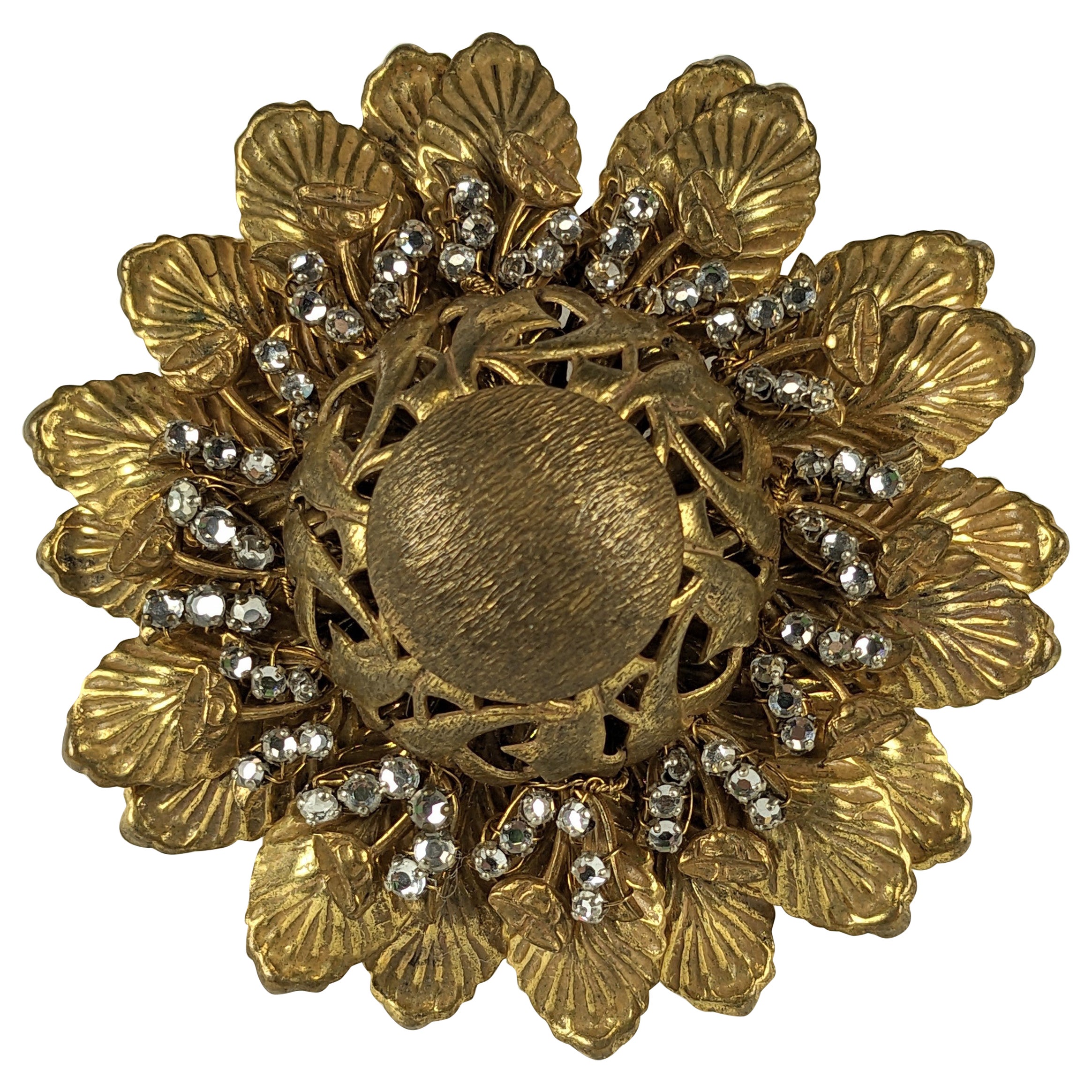 Miriam Haskell Gilt Flower with Rose Montees For Sale