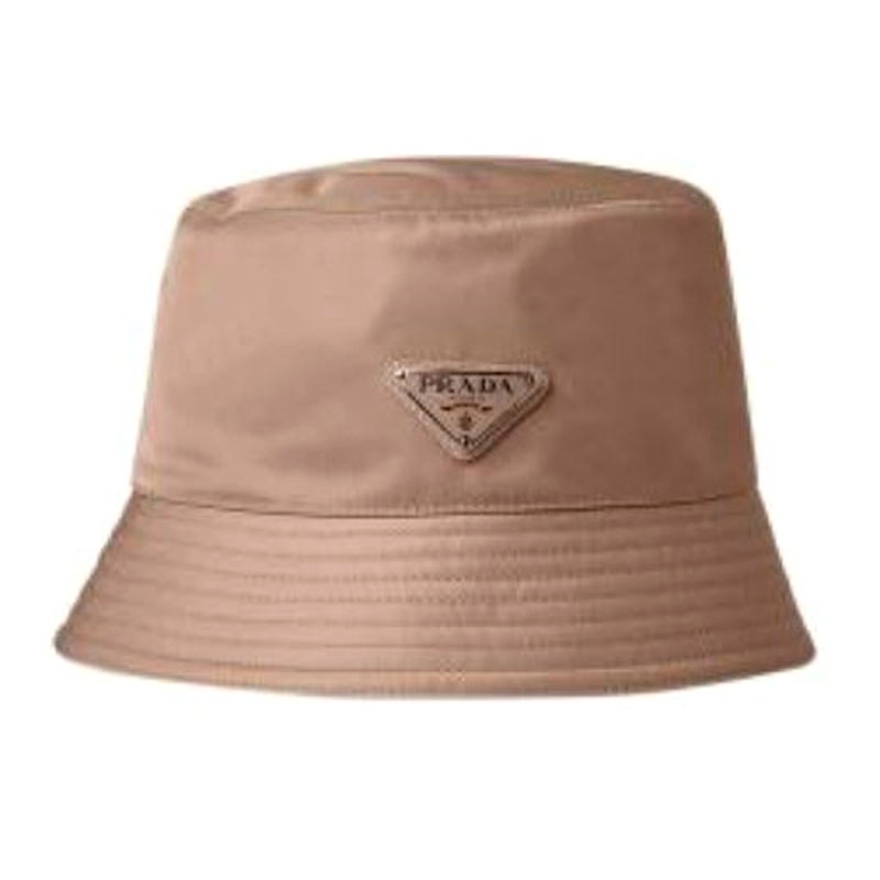 Prada Nylon Beige Triangle Plaque Bucket Hat For Sale at 1stDibs