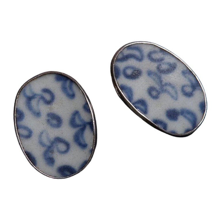Unsigned Blue & White Pottery Earrings Set in Sterling For Sale