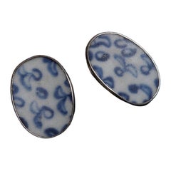 Unsigned Blue & White Pottery Earrings Set in Sterling