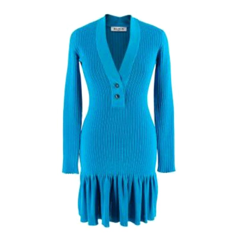 Alaia Blue Ribbed Knit Long Sleeved Mini Dress For Sale