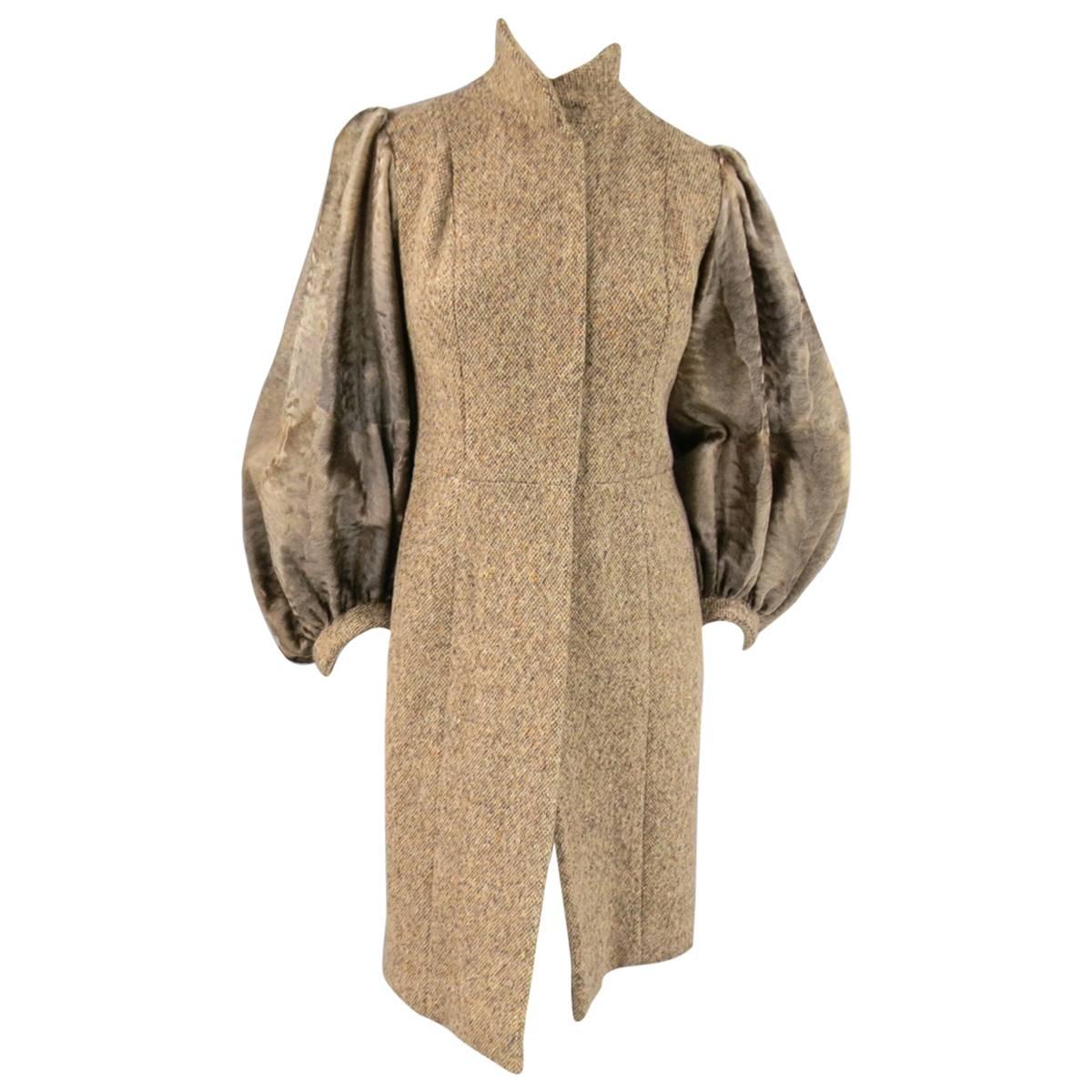 PETROU Size S Brown Wool Blend Tweed Cowhide Balloon Sleeve Snap Coat