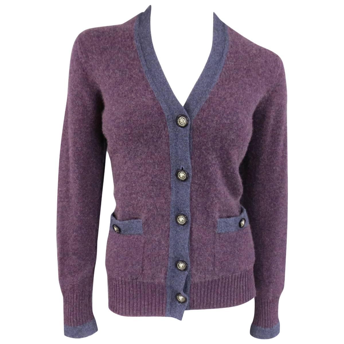 CHANEL Size 10 Two Tone Purple Lion Head Button Cashmere Cardigan