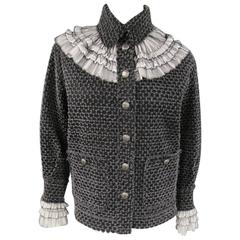 CHANEL Size 10 Black Distressed Denim Tulle Ruffle Collar Jacket