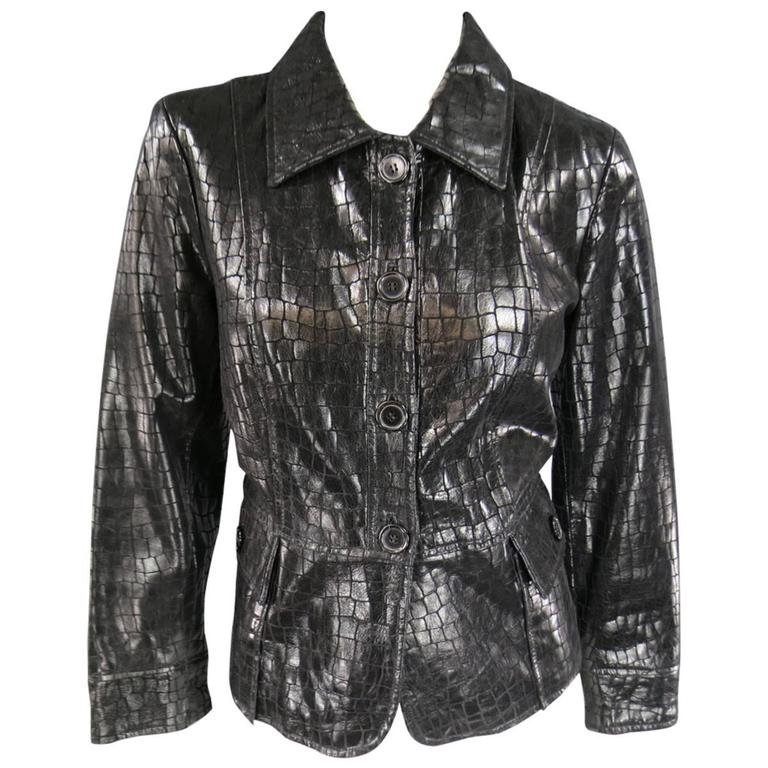 Neiman Marcus Exclusive Size 8 Shiny Black Crocodile Leather Neiman Marcus Exclusive Size 8 Shiny Black Crocodile Leather Jacket 1