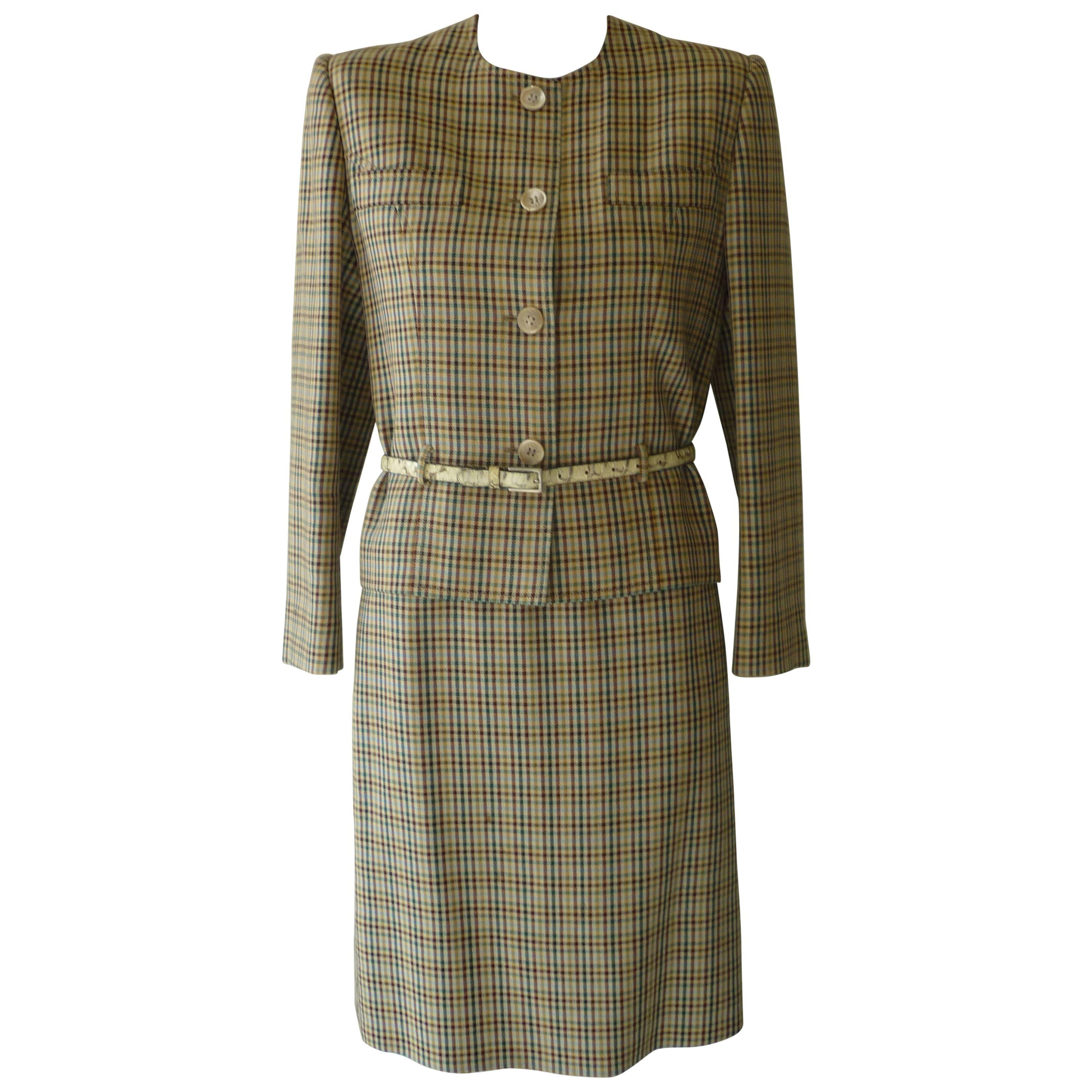 Celine Wool Check Pattern Skirt Suit, 1980s 