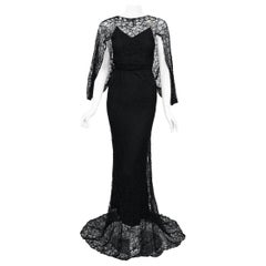 Vintage 1930's Molyneux Haute Couture Black Lace Winged Sleeve Bias-Cut Gown