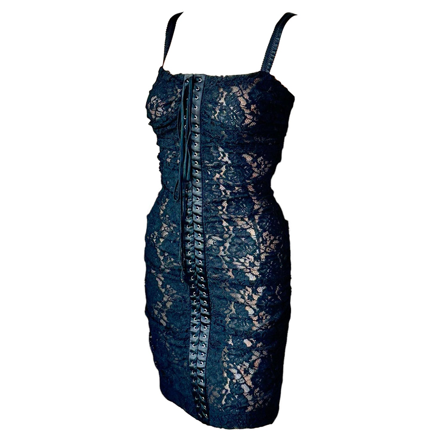 Dolce & Gabbana Lace Up Bustier Sheer Lace Crochet Bodycon Black Mini Dress For Sale