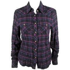 Chrome Hearts Shirt w/ Sterling Silver Buttons Leather Cross Purple Plaid Small