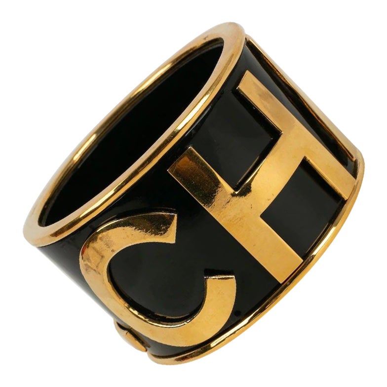 Chanel Cuff Bracelt in Black and Gold, Spring 1990/91 For Sale