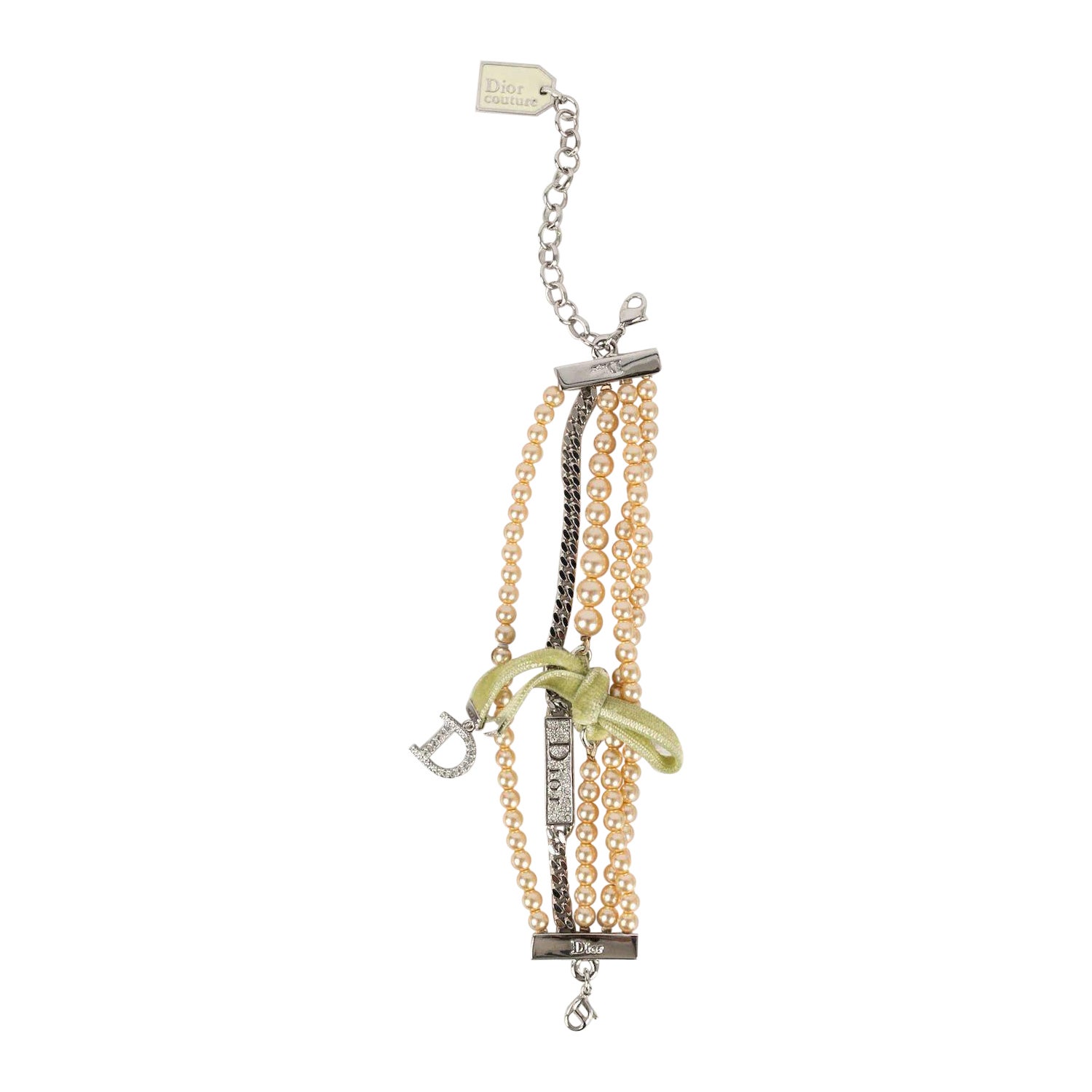 Christian Dior Bracelet multi-rangs en perles et métal argenté en vente