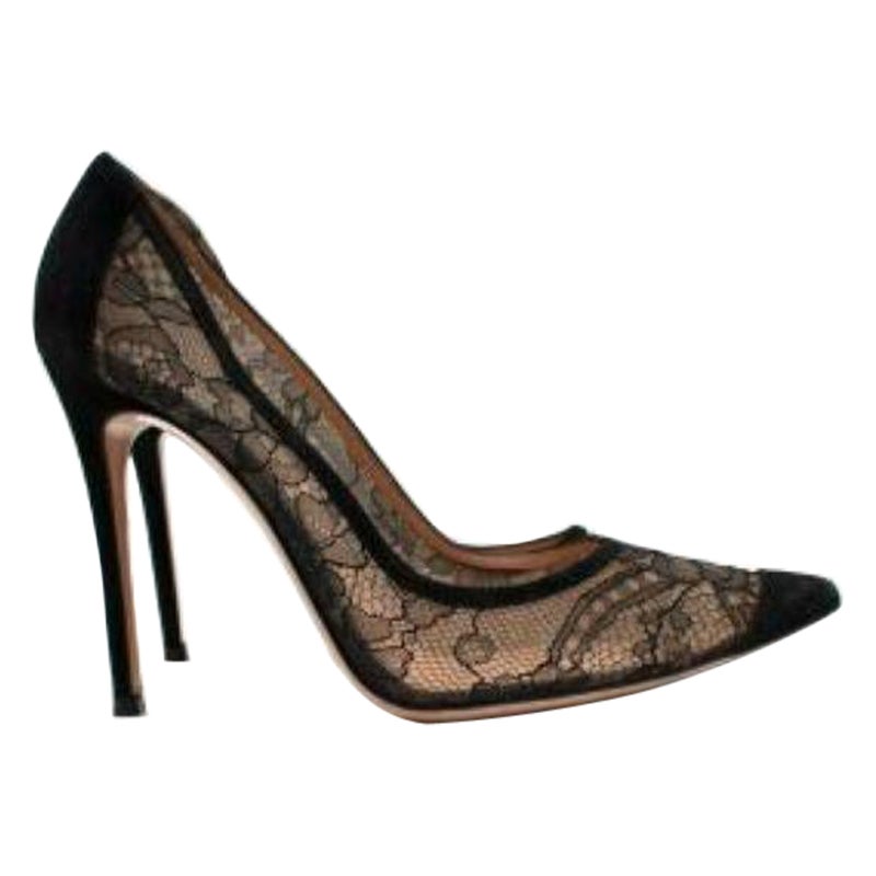 Gianvito Rossi Black Suede Trimmed Lace Pumps For Sale at 1stDibs