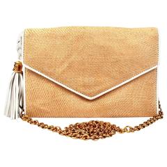 Chanel Straw Flap Bag Vintage Tan Tweed Leather WOC Wallet Chain Handbag Basket