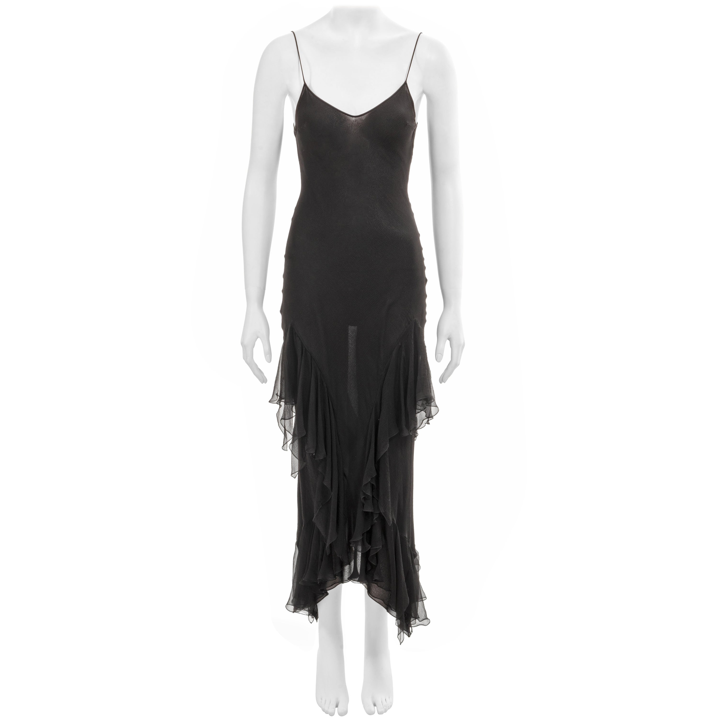 John Galliano black bias-cut silk evening slip dress with ruffled skirt, fw 1997