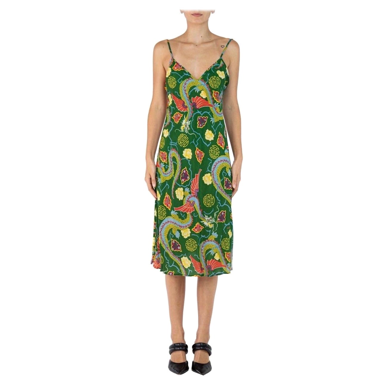 Morphew Collection Grass Green Floral Dragon Novelty Cold Rayon Bias  Slip Dress For Sale