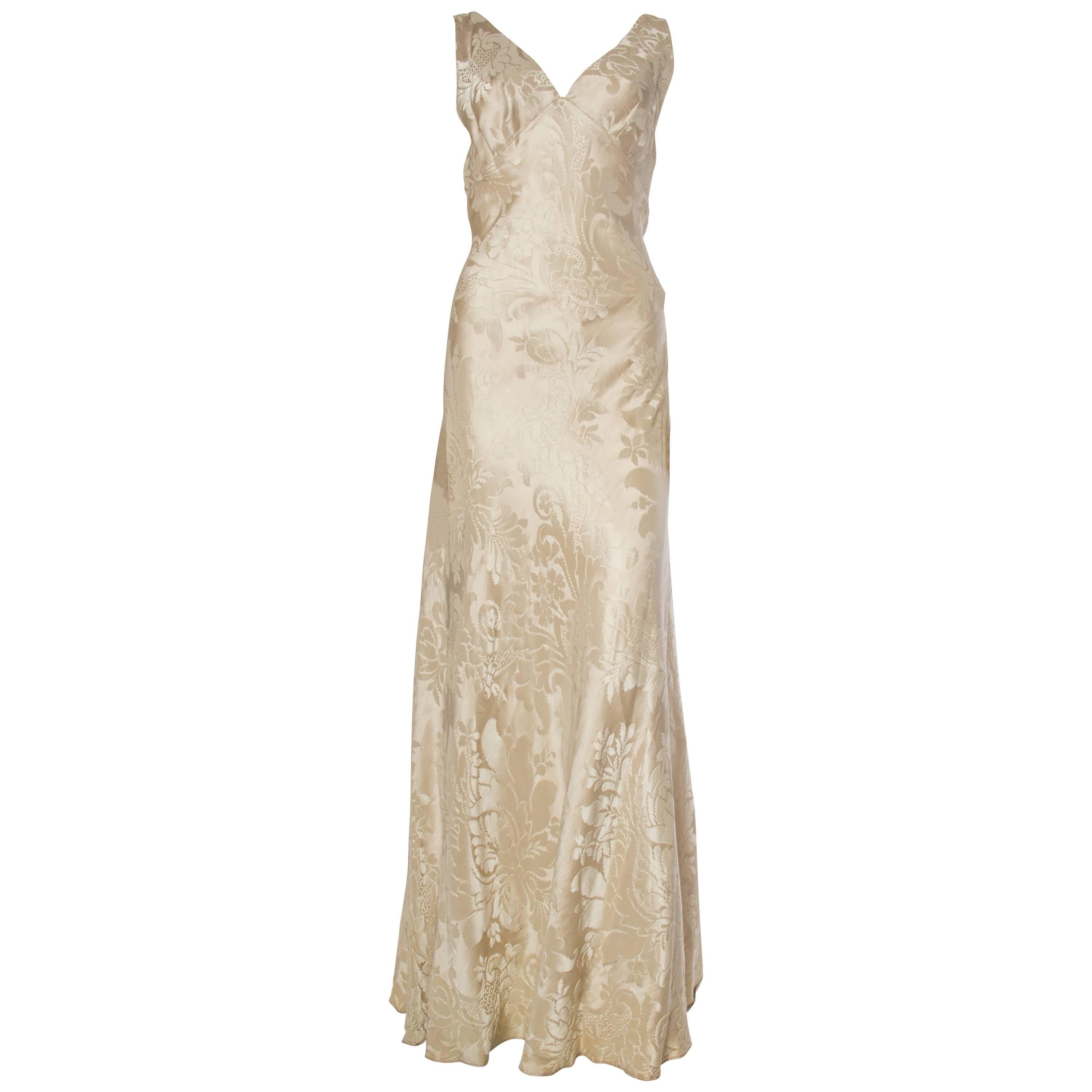 Backless 1930s Bias Cut Silk Damask Gown