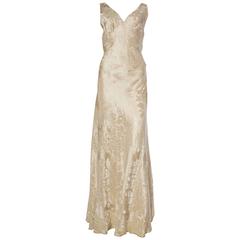 Backless 1930s Bias Cut Silk Damask Gown