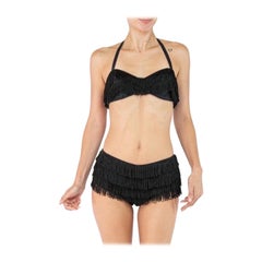 Retro 1950S Black Cotton Cole Of California Sun Suit Swimsuit With Fringe