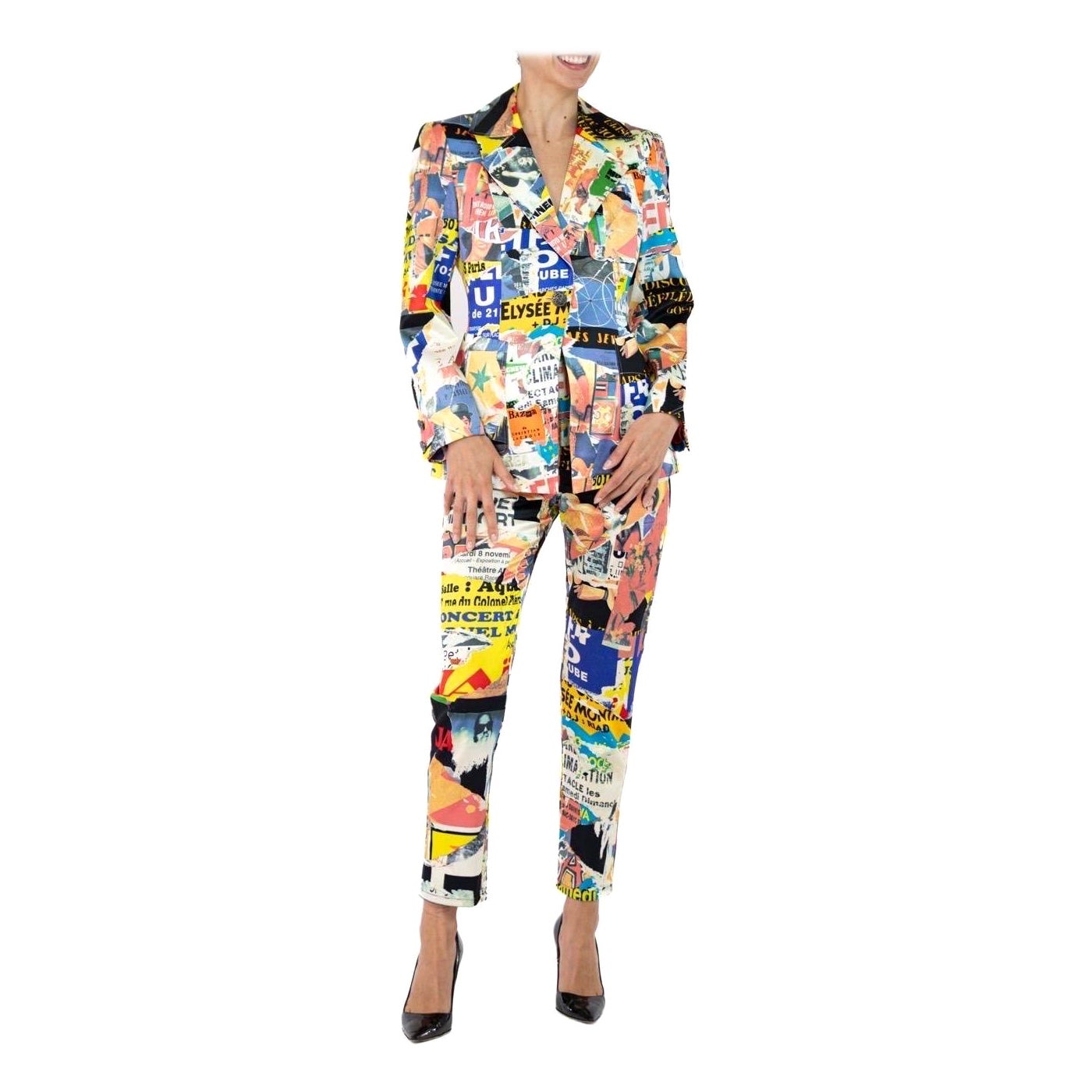 1990S Christian Lacroix Multicolored Rayon French Collage Pant & Jacket Ensemble For Sale